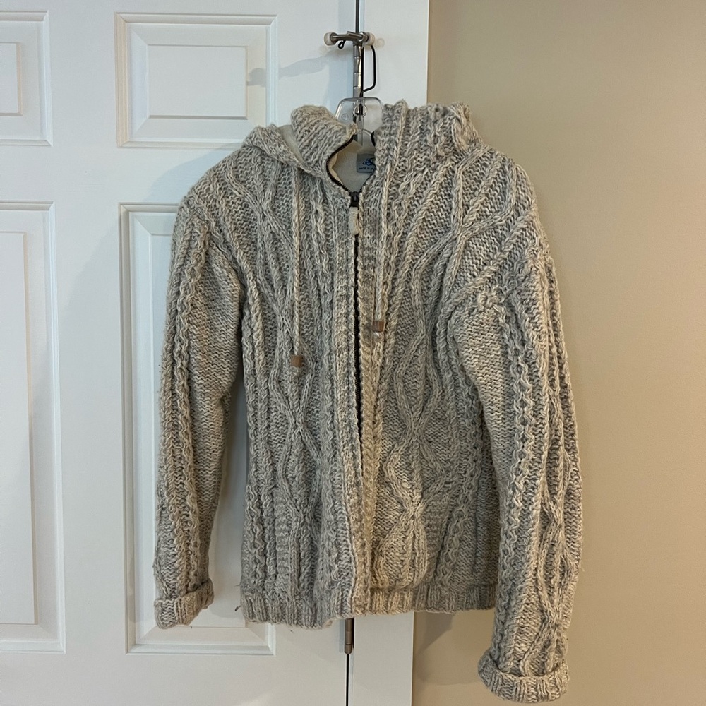 Chunky Cable Knit Teddy Zip Hoodie Jacket - Light Gray